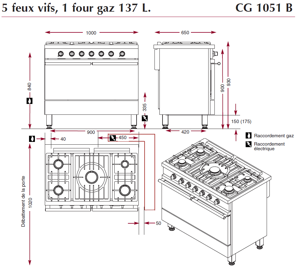 Fourneau Gaz - 5 Feux vifs - 1 Four gaz 137L - CG1051 B